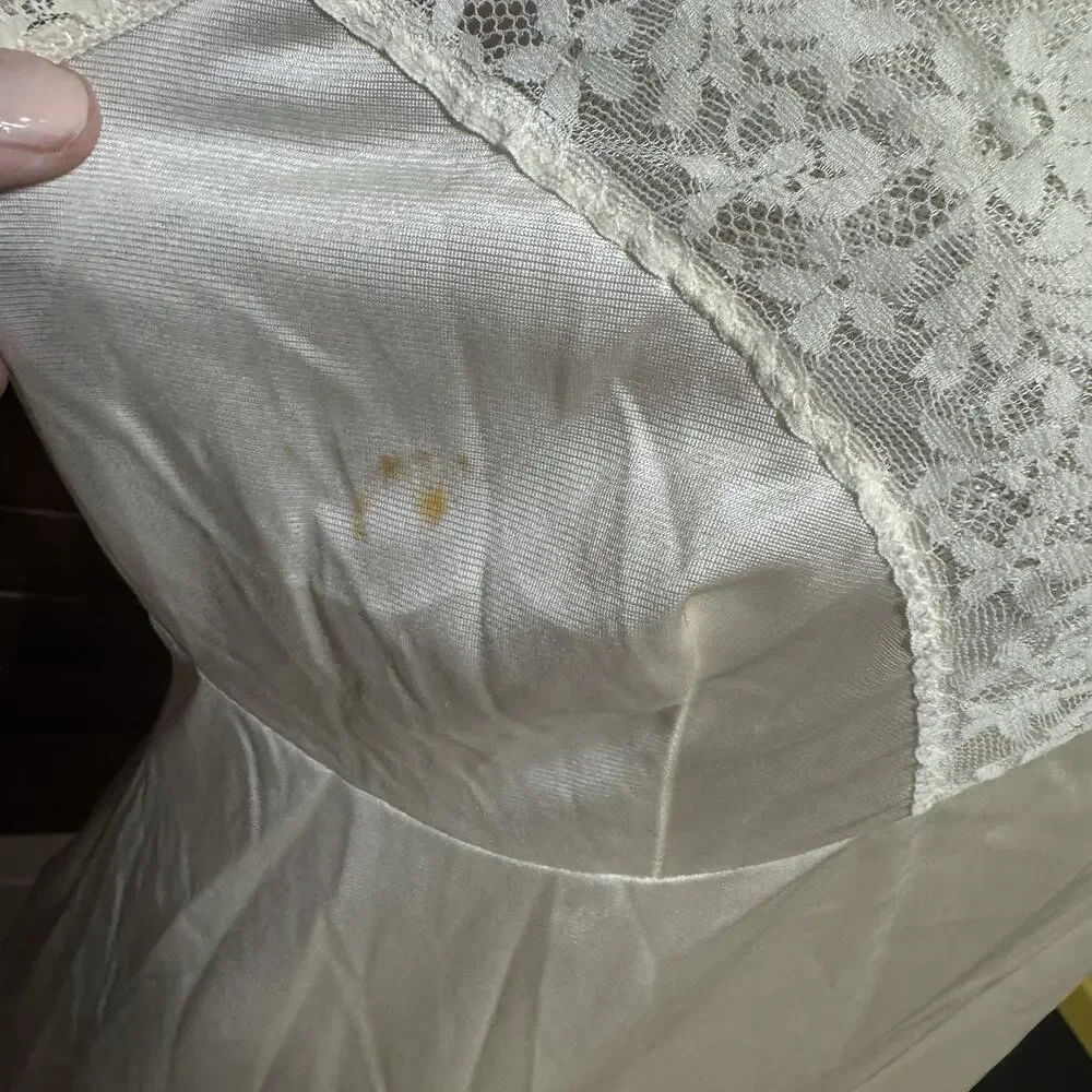VTG 80s Velrose full slip satin negligee dress sheer sz‎ 40 nylon USA ivory